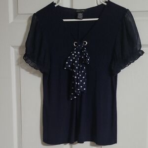 Adele & May Navy Polka Dot Bow Blouse V-Neck Sheer Ruffle Sleeve Size Large